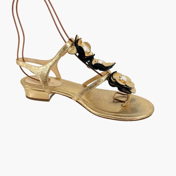 Chanel Camellia Pearl T-Strap Sandals Gold Leather Size 37C US 6–6.5 Women Flat - Picture 13 of 15